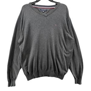 Tommy Hilfiger Sweater Mens XL Gray Soft Combed Cotton Pullover V Neck Preppy